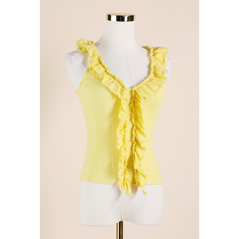 Sz XS Anthropologie Pilcro Yellow Ribbed Ruffled Sleeveless Top GUC